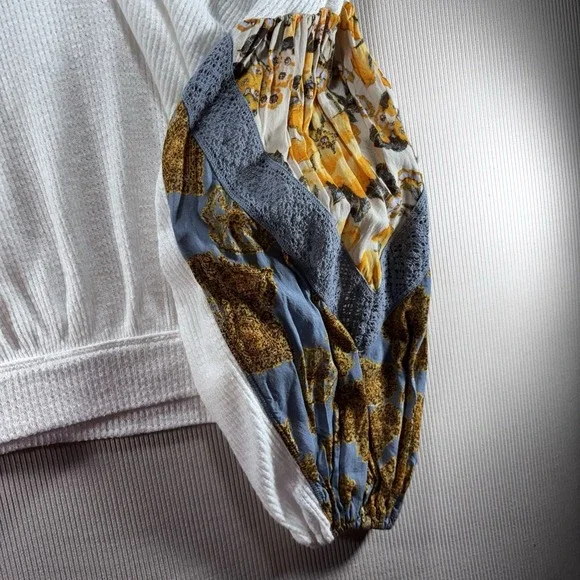 Free People womens size S Casual Clash Balloon Sleeve Waffle Knit Thermal Top - Picture 6 of 10